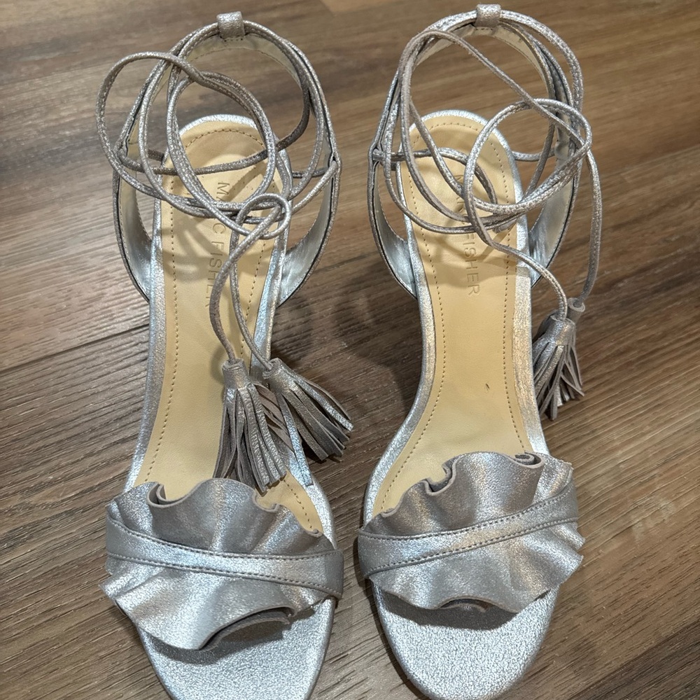 Metallic Silver Ruffle Tie-Ankle Sandals - Women